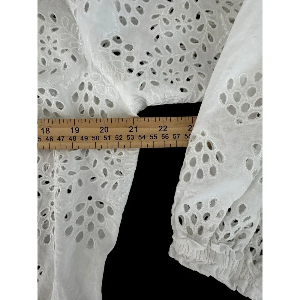 Theory Maryana Vintage Eyelet Blouse Jacket Small‎ White Boho Tassels Airy L/S